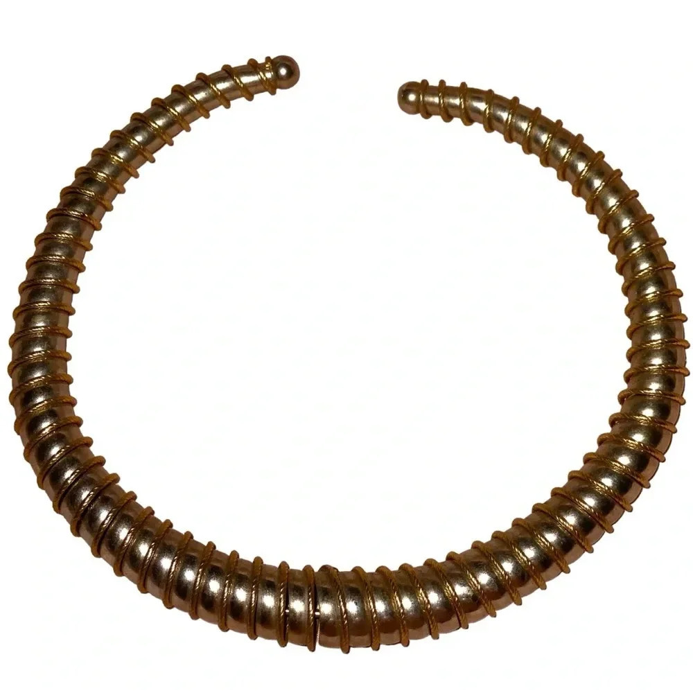 Vintage Modernist Gold Silver Tone Tube Spiral Coil Torque Collar Necklace